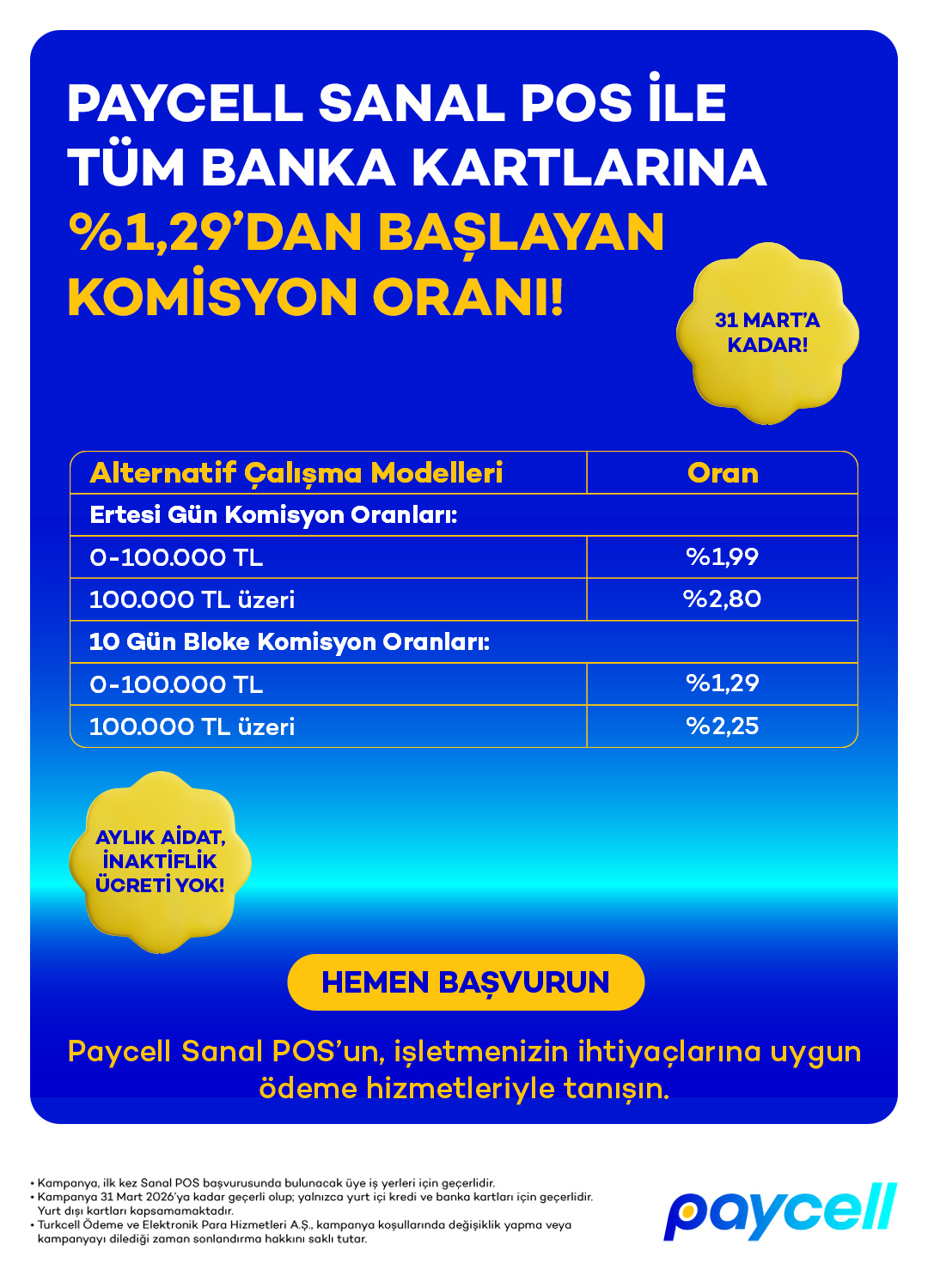 Paycell Sanal POS’ta tüm banka kartlarına komisyon oranı sadece %1,29!